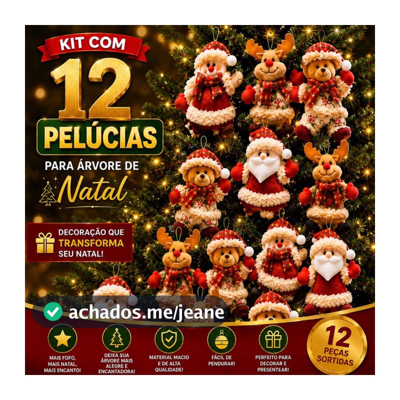 Kit 12 Enfeites Bonecos Pelúcia Arvore de Natal Pendente Acessório Decoração Natalina Pingente Ursinho Papai Noel Rena