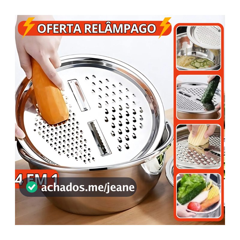 Tigela Inox 4 Em 1 Ralador Fatiador Bacia Legumes Queijo Manual 26cm Cozinha Prática Tampa Ralador