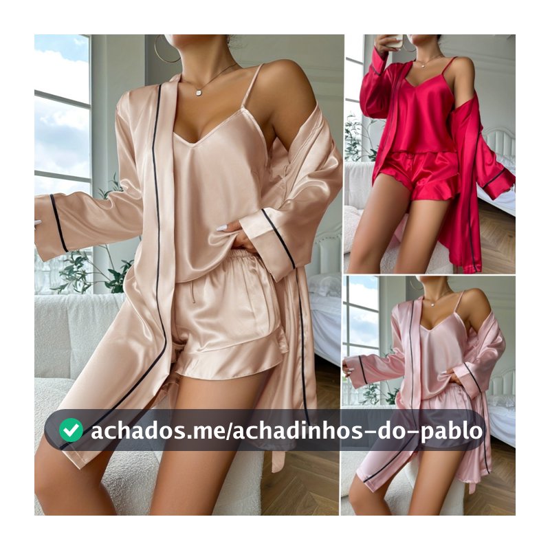 Conjunto De 3 Peças Roupa Pijama Feminino Top Elegante De Alça Sexy E Shorts E Roupão Dormir