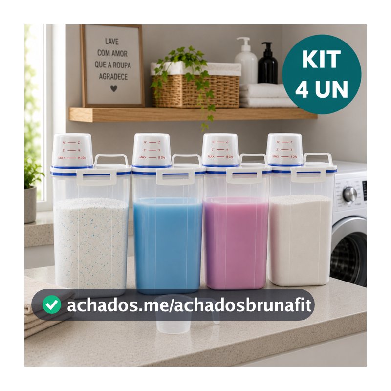 Kit 4 Potes Herméticos 2L Lavanderia Copo Medidor Bico Dosador Organizador Sabão em Pó Amaciante Detergente