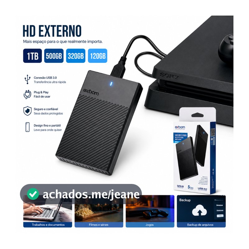 HD Externo Portátil USB 3.0 Case Slim Black para PC, PS4, Xbox e TV - Pronta Entrega (BR)