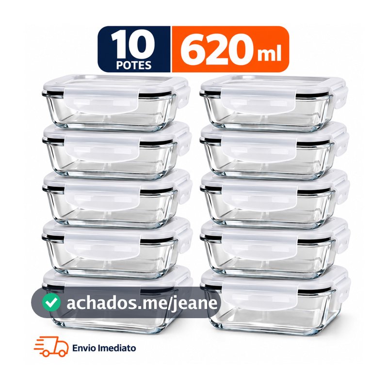 Kit 5 ou 10 Potes de Vidro Herméticos 620ml Tampa 4 Travas Marmita