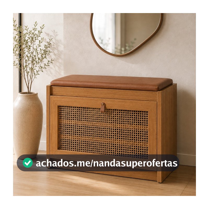 Sapateira Banco Plenitude Marrom Madeira Maciça com Assento Estofado em Corino para Hall e Quarto