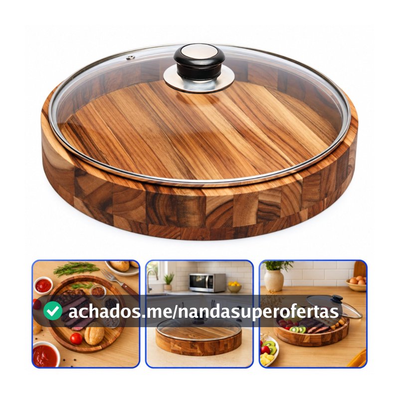 Gamela em Madeira para Churrasco, Porções e Mesa Posta com Tampa de Vidro 30,5cm