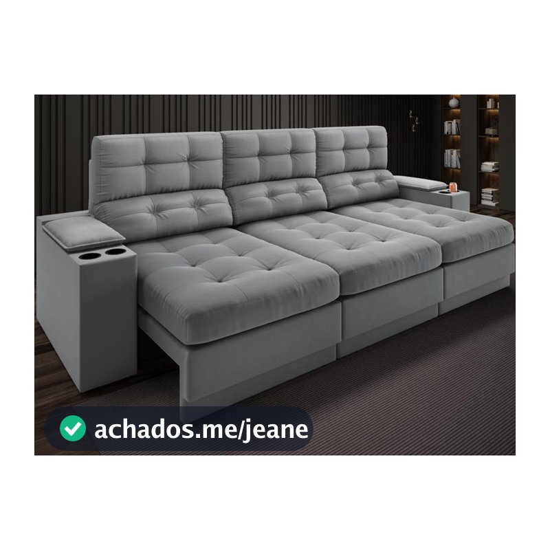Sofá com Porta Copos e Carregador USB Eureka 2,30m Assento Retrátil e Reclinável Velosuede Grafite - NETSOFAS