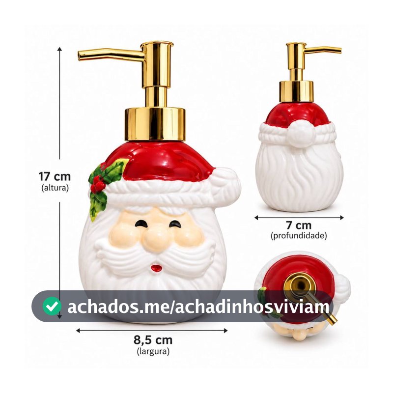 Porta-Sabonete Líquido Papai Noel Natalino com Pump Dourado