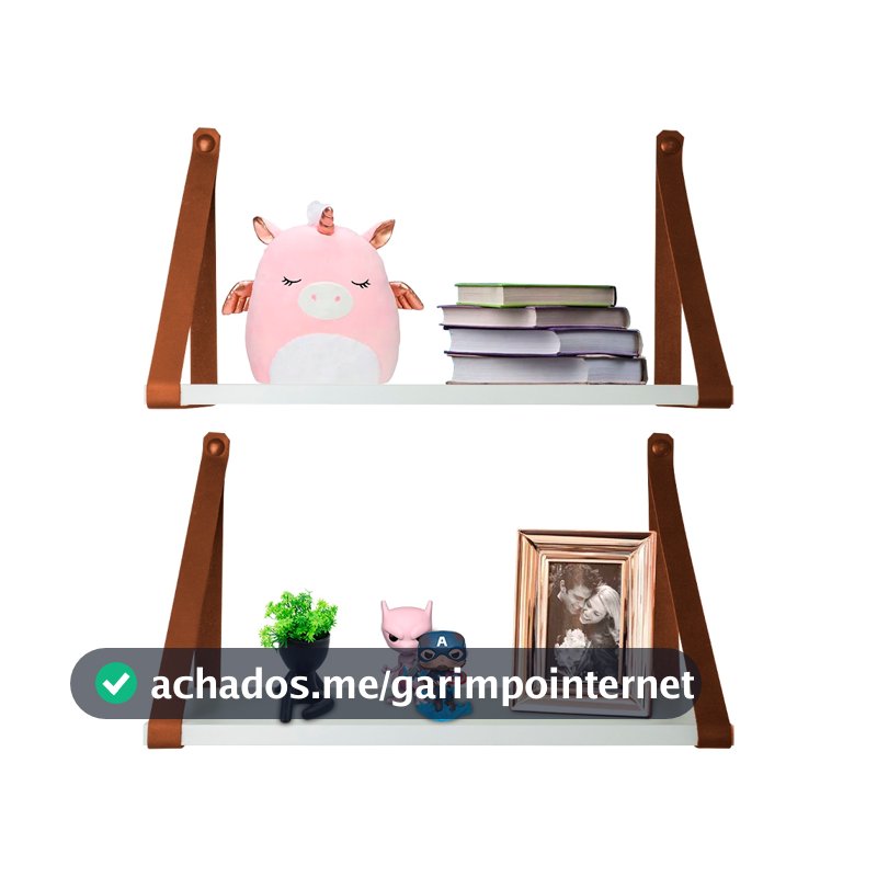kit com 2 prateleiras branca com alça de couro ecológico caramelo