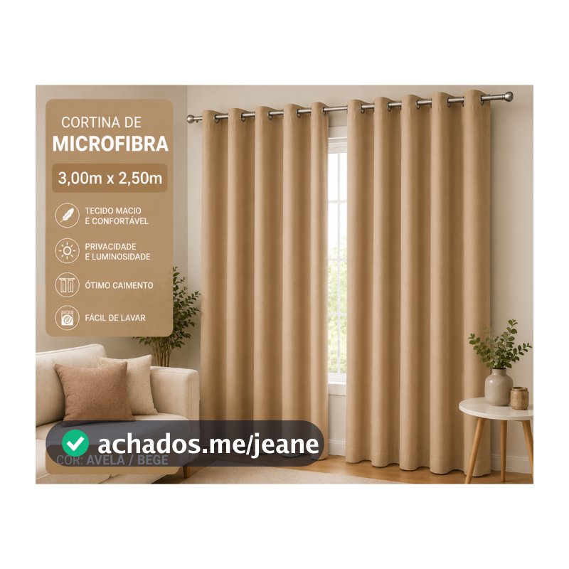 Cortina Microfibra 3,00 x 2,50m Lisa Premium com Ilhós Redondo Removível para Sala e Quarto porta janela