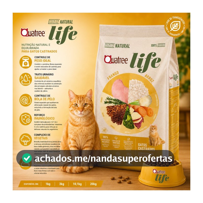 Ração Natural Gato Adulto Castrado 10.1KG Quatree Life Sabor Frango e Arroz