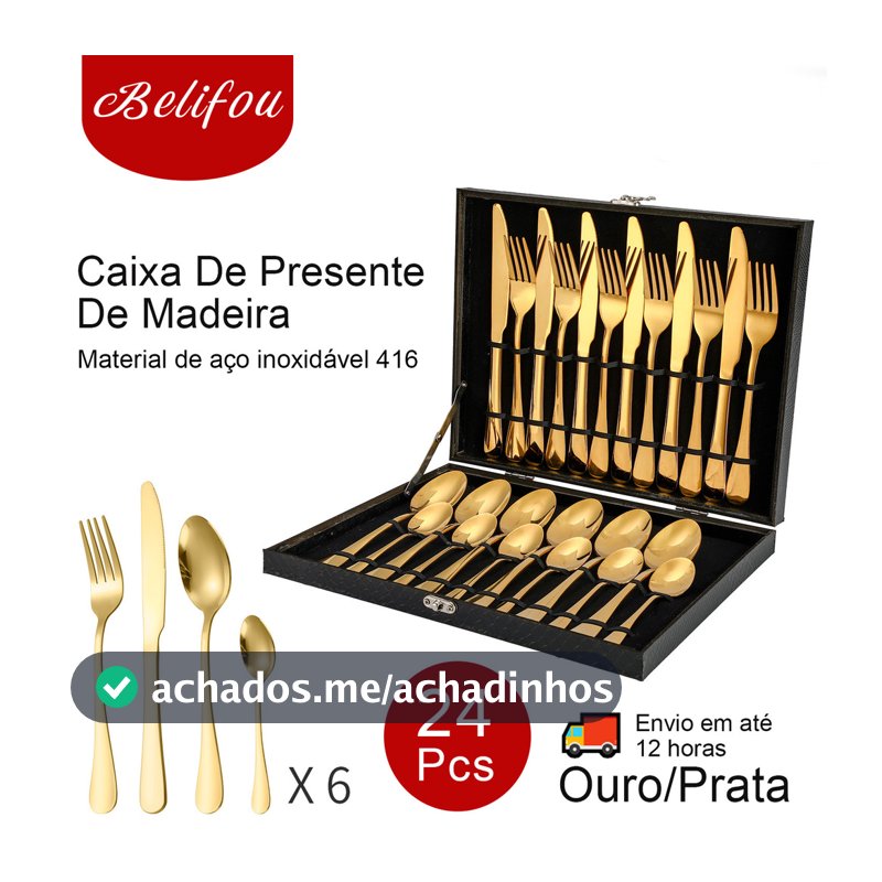 Belifou Kit 24 Peças Jogo De Talheres Dourados Aço Inoxidável Caixa De Madeira