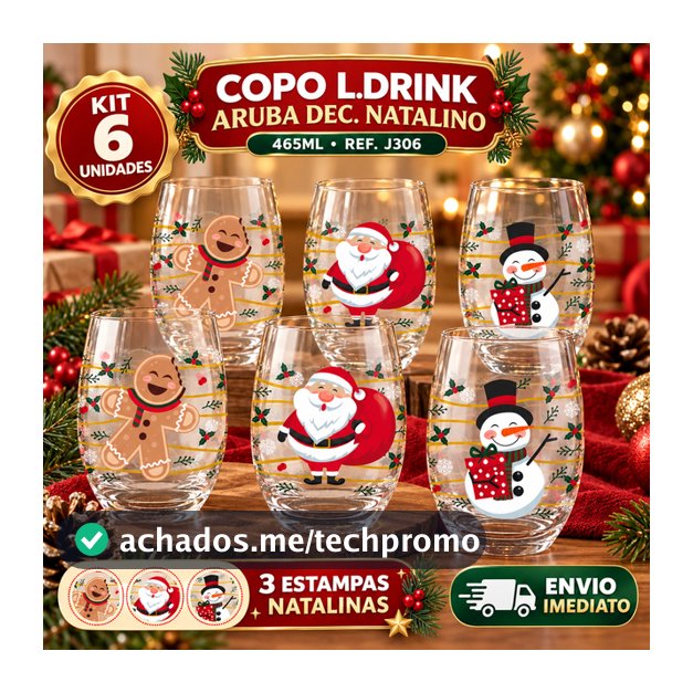 Jogo de Copos Long Drink Natal Aruba 465ml Nadir Vidro Decorado Natalino Ceia Festa Presente Kit 6 Unidades