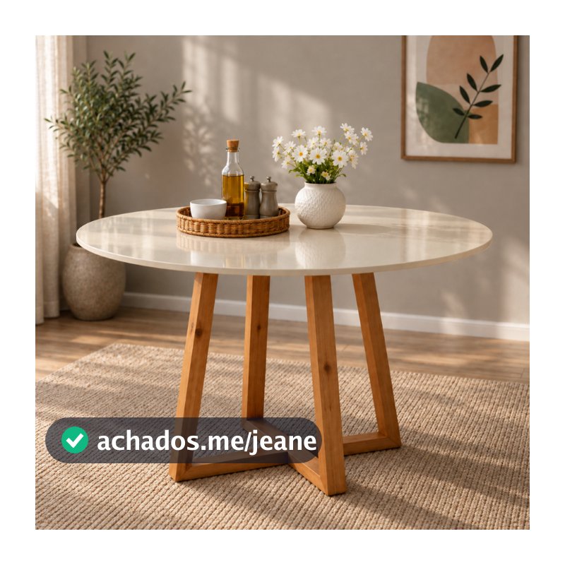 Mesa Redonda Sala De Jantar 4 Lugares 90 Cm Luxo Reforçada Off White / Freijó Com Base Madeira Maciça Rústica