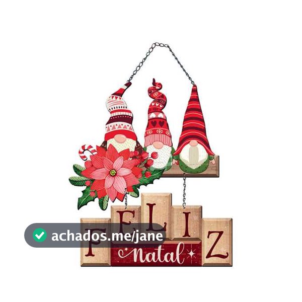 Natal - Placa Decorativa para Porta ou Parede - Guirlanda Gnomos - Feliz Natal