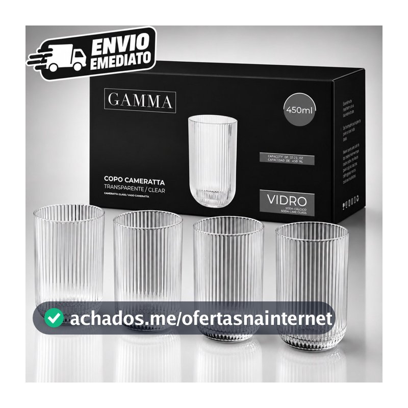Jogo 4 Copos Canelados Cameratta 450ml de Vidro Transparente e Resistente