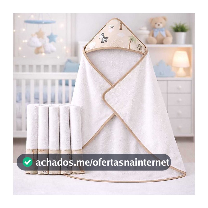 Kit Toalha de Banho para Bebê Forrada + 5 Toalhinhas de Boca Higiênicas