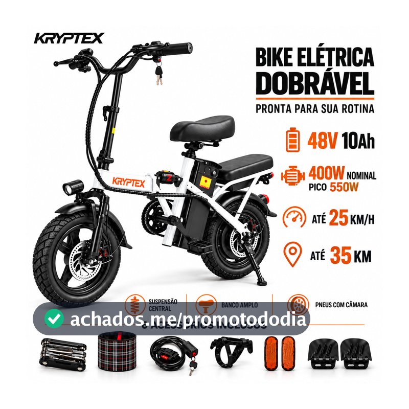 Bicicleta Elétrica KRYPTEX 400W Dobrável com Bateria Removível 48V Suspensão Banco Traseiro Para Adulto
