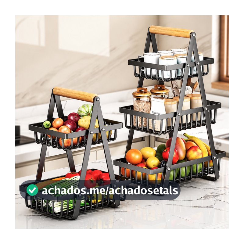 Fruteira de Mesa Aramada Preta 2 ou 3 Andares Cesto Removível Organizador de Frutas para Cozinha