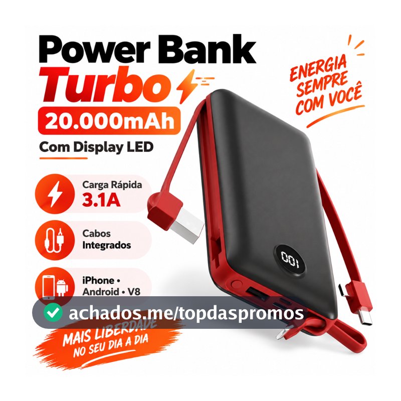 Power Bank Carregador Portátil 20.000mAh Digital compatível com iPhone e Samsung