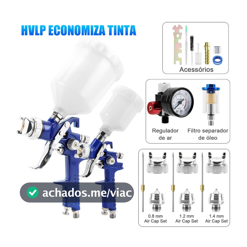 Kit Pistola de Pintura HVLP 2 Unidades 3 Bicos Regulador Pressão Filtro Separador Água Óleo Para Oficina Automotiva
