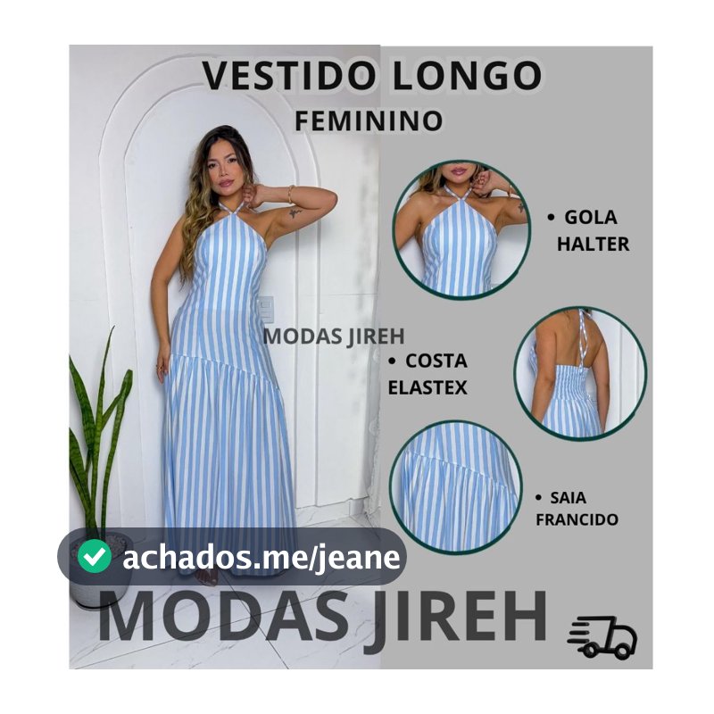 Vestido Longo Feminino Viscolino  Listrado Gola Halter Elegante Acinturado Casual Festa Moda Feminina