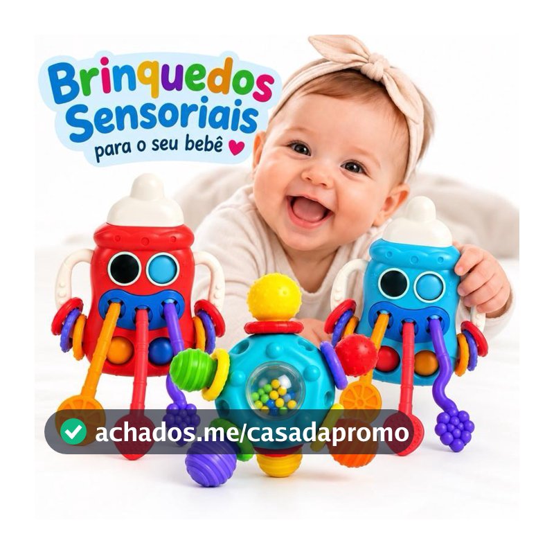 Kit 2 Brinquedos Sensoriais para Bebê Chocalho Mordedor Mamadeira + Gira Gira Educativo Montessori