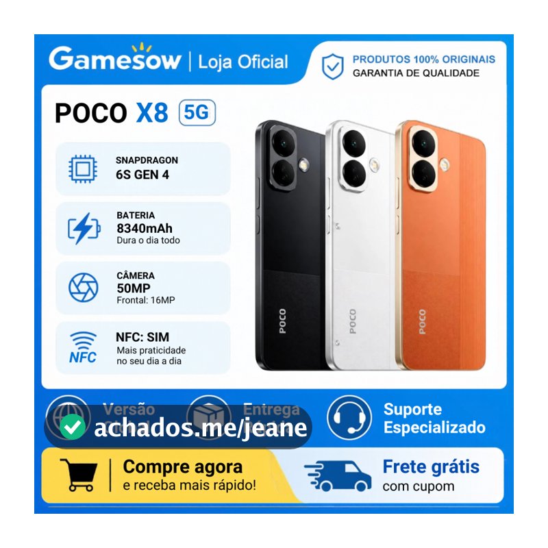 Xiaomi Poco X8 5G, Versão Global, Snapdragon® 6s 4 Gen, Bateria 8340 mAh, Câmera 50MP 256GB e 8-12GB RAM