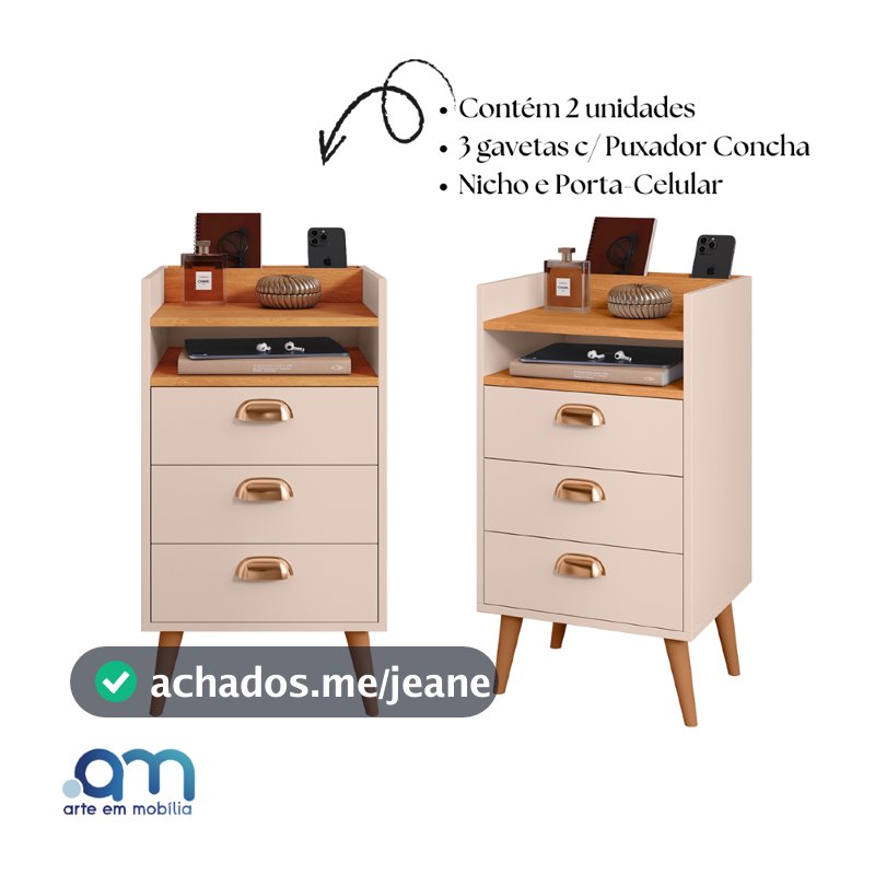 Kit 2 Gaveteiros Heloísa 3 Gavetas com Nicho com puxadores concha – Mesa de Cabeceira Mini Cômoda Organizador P/ Quarto