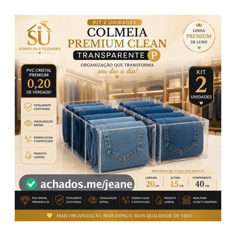 Kit 2 Colmeias Organizadoras Premium Clean Transparente P PVC Cristal 0,20 Costurada para Jeans