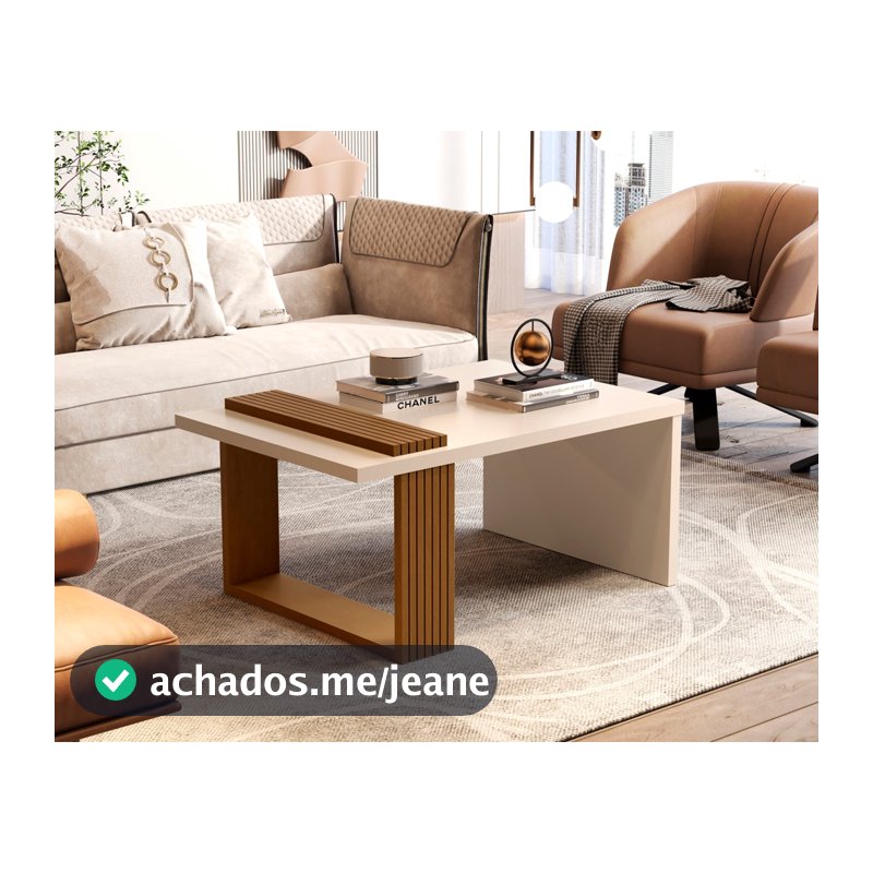 Mesa de Centro Retangular para Sala com Pés Ripados Apoio Lateral Decoração Moderna