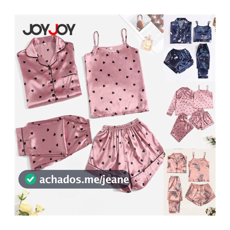 Joyjoy Conjunto de Pijama de Cetim com 4 Peças Feminino – Sexy, Manga Longa, Shorts e Regata