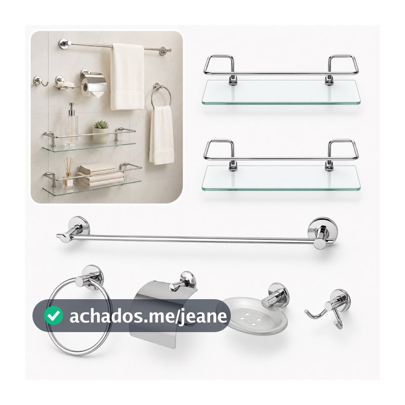 Kit Banheiro 7 Peças Cromado com 2 Prateleiras de Vidro 30x10 cm Porta Toalhas Saboneteira e Papeleira