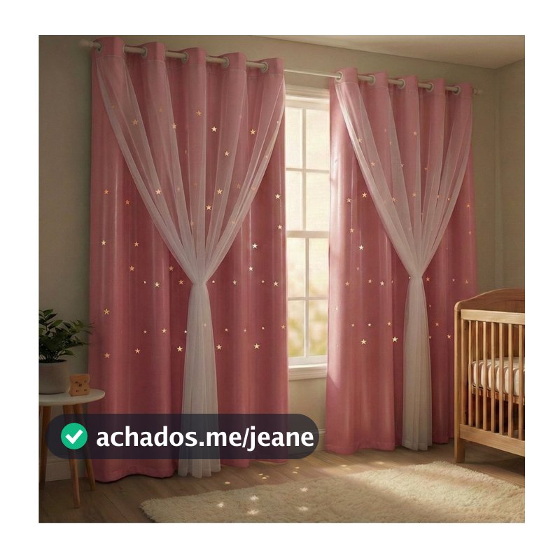 Cortina Corta Luz Pvc Blackout Rosa Estrelinhas C/ Voil 2,80x2,30