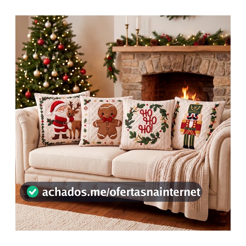 Kit Com 04 Capas de Almofadas Natal 40x40 Tecido Suede Aveludado Elegante Sofisticado Premium Sublimação Efeito Realista
