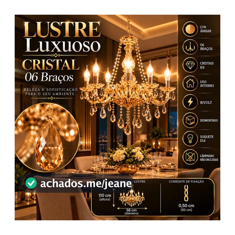Lustre De Cristal Luminária Luxuoso Ambar Com 06 Braços