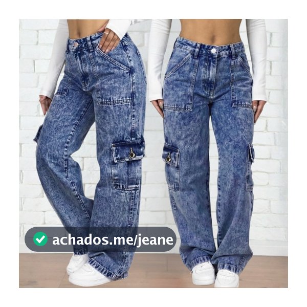 Calça Wide Leg Jeans Feminina Cargo Cintura Alta 100% Algodão Pantalona Premium