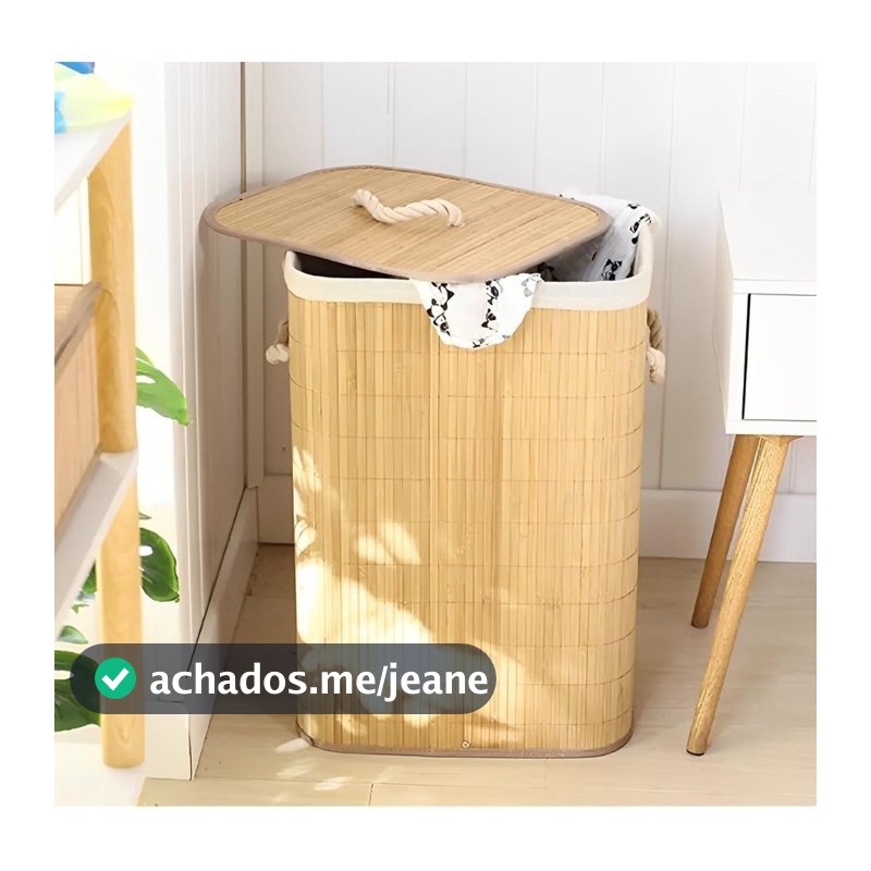 Cesto De Roupa Suja Bambu Dobravel Organizador 72L Forrado Banheiro 60cm Grande Cesto Retangular