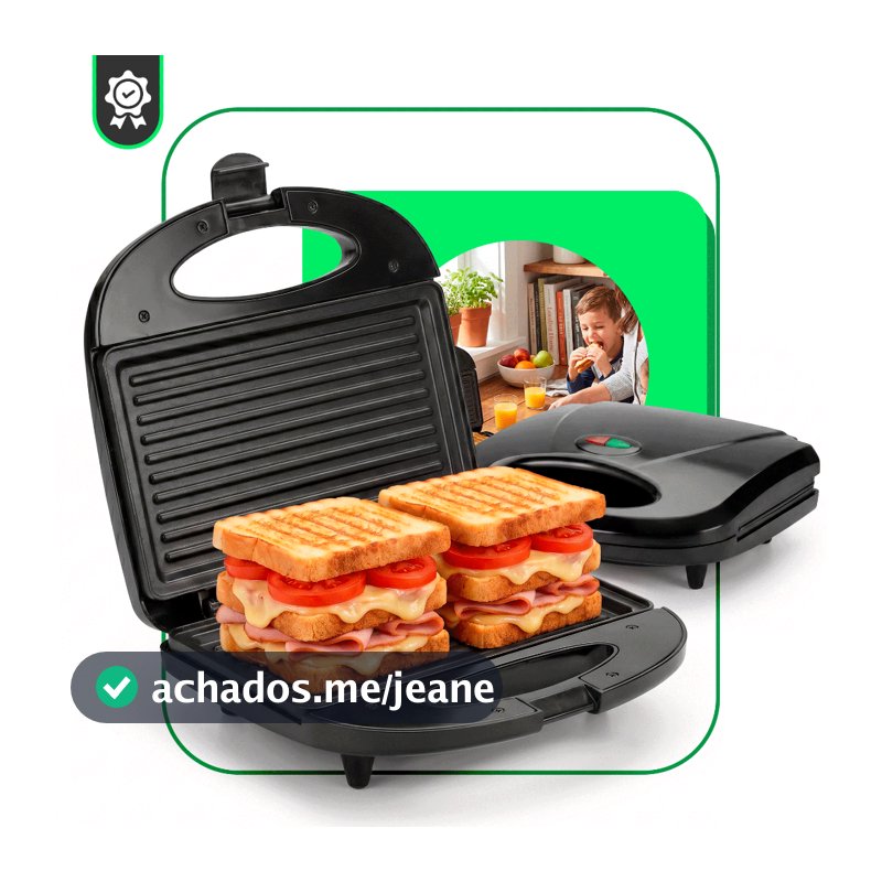 Sanduicheira Grill Elétrica 750W Antiaderente 2 Sanduíches Rápido 110V ou 220V Preto Termostato Automatico
