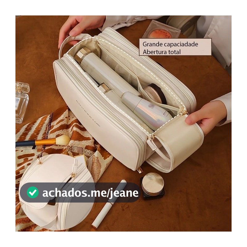 Bolsa Cosmética De Grande Capacidade Com Abertura Em Forma De U Para Mulheres Portátil Viagem Multi-Compartment Couro