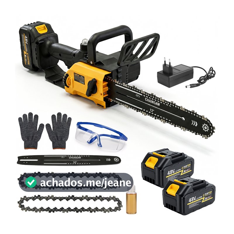 Motosserra 48V Elétrica Profissional Brushless 1200W Com 2 Baterias 48V Kit ferramentas completo