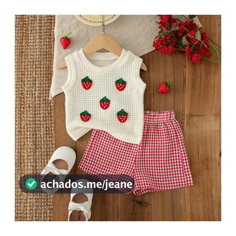 Morango Sem Mangas Topo + Shorts Xadrez Bebê Menina Conjunto De Duas Peças Verão Novas Lindas Roupas Infantis (6 Meses A