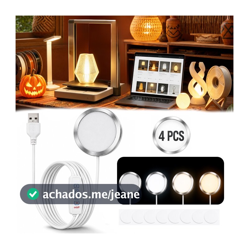 Kit Luz LED USB para Luminária 3D 4 Peças 3 Cores Dimerizável 10 Níveis 5V com Controle 1,5m