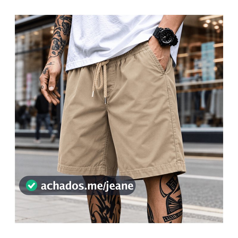 Bermuda Sarja Masculina Casual Reta Bolsos Cós Elástico Verão Dia a Dia Trabalho Passeio Brim Comfort Premium