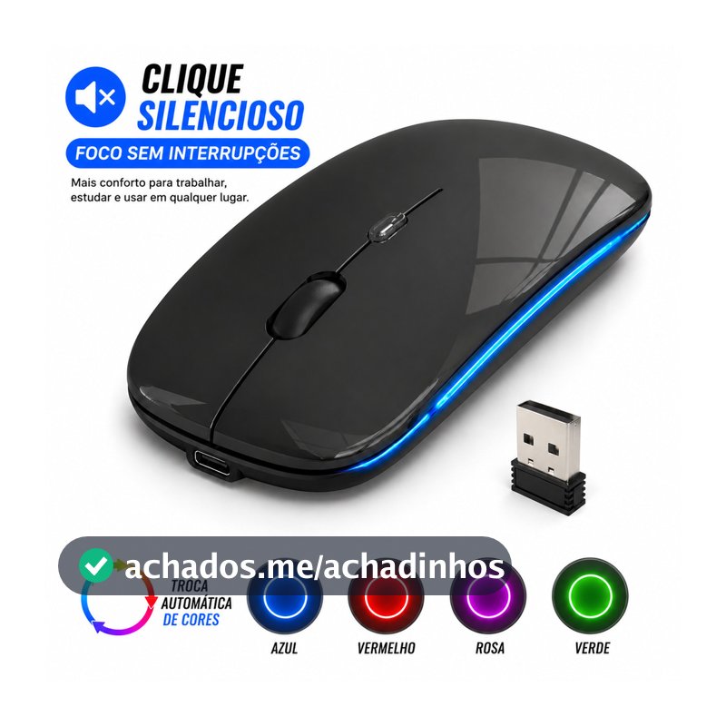 Mouse Sem Fio Silencioso RGB Home Office Bateria Interna LED Bluetooh Exbom Ergonômico Recarregável