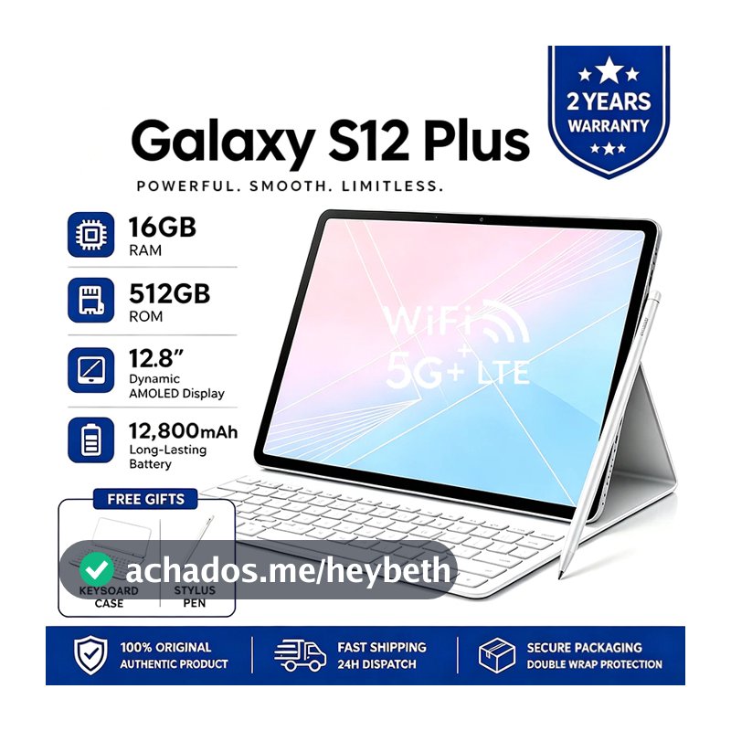 Tablet Galaxy S12 Plus -12.8 inch 16GB+512GB Android 16 12800mAh Ideal para Estudos e Jogos Combo com Teclado e Mouse