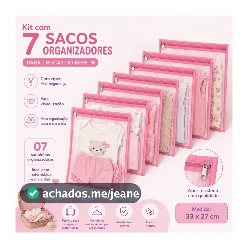 Kit 7 Saquinhos Maternidade Organizador Mala Bebê 27 x 33 MALA/VIAGEM/ROUPA MOLHADA e SECA