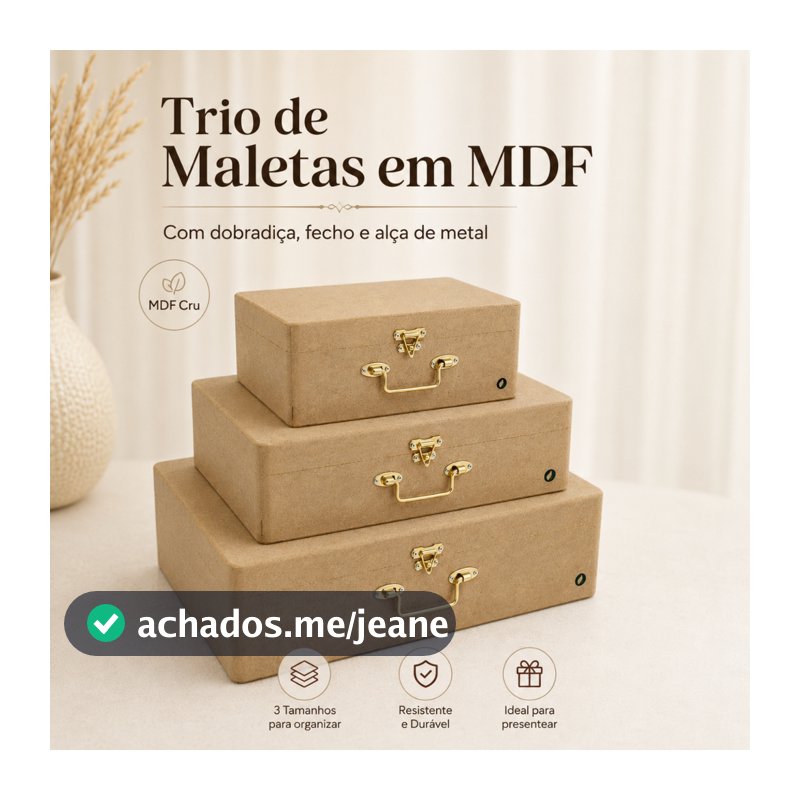 Trio de Maletas Organizadoras MDF com Alça, Fecho e Dobradiça em Metal para Decoração e Presentes