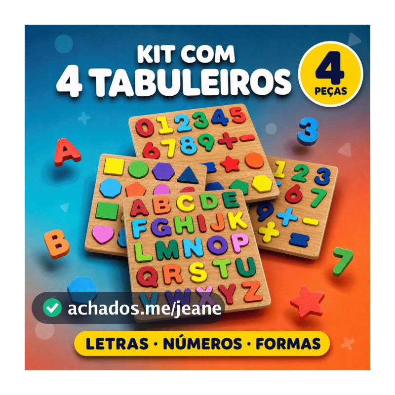 Brinquedo Educativo Tabuleiros Madeira Alfabeto Números Formas Geométricas Encaixe Infantil
