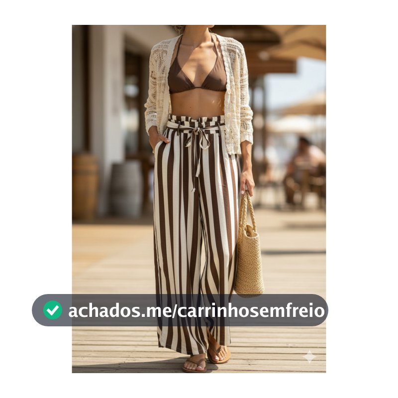 Calça Feminina Listrada Azul e Branco e Marrom e Bege. Perfeita para o Fim de Ano Férias Praia Verão