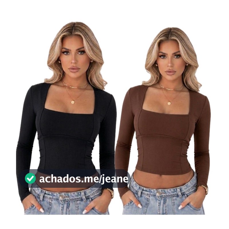 Kit Com 2 Blusas Feminina Manga Longa Decote Quadrado Halter Suplex  Casual Moda Inverno Frio