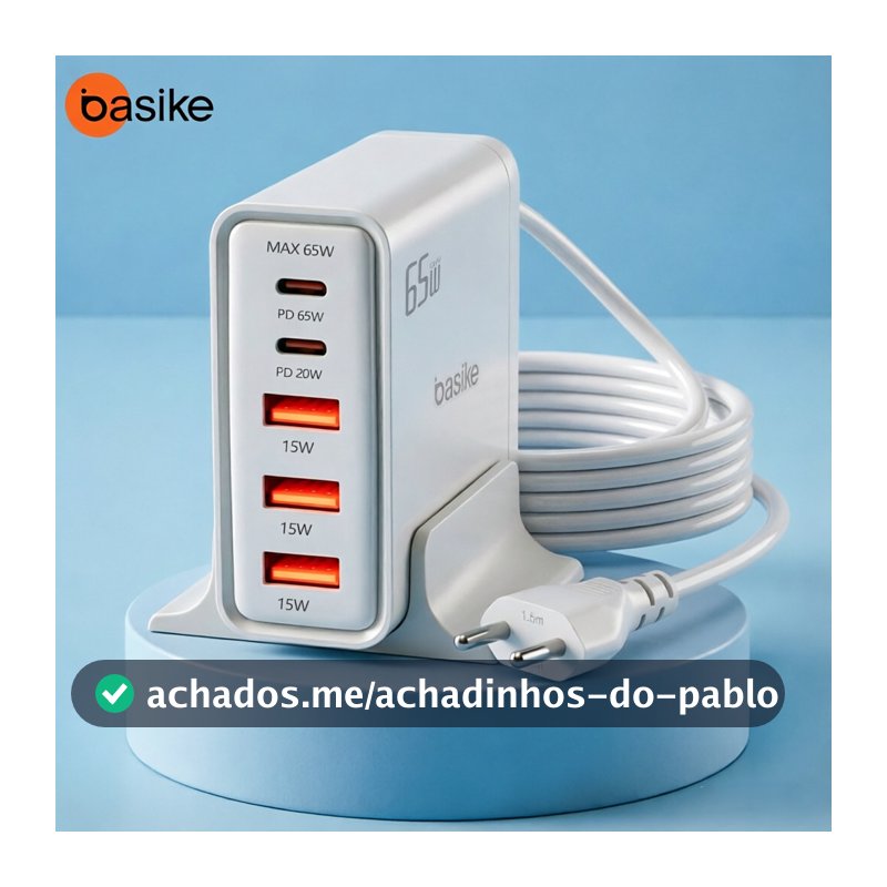 Carregador de Mesa Basike GaN 65W Turbo 5 em 1 3 USB 2 Tipo-C PD QC3.0 Carregamento Rápido Inteligente